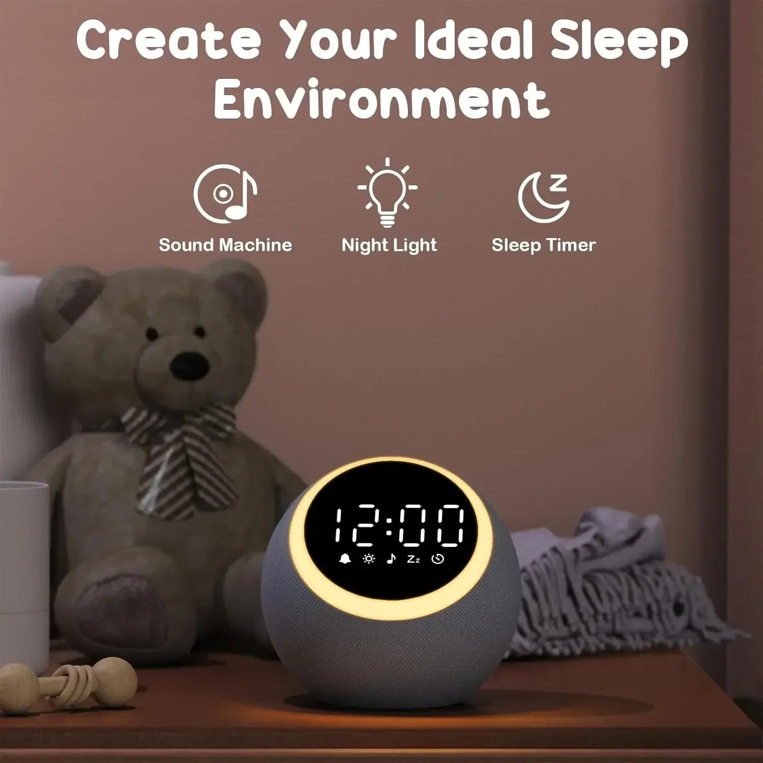 Digital baby sound machine with night light and sleep timer on wooden table near teddy bear