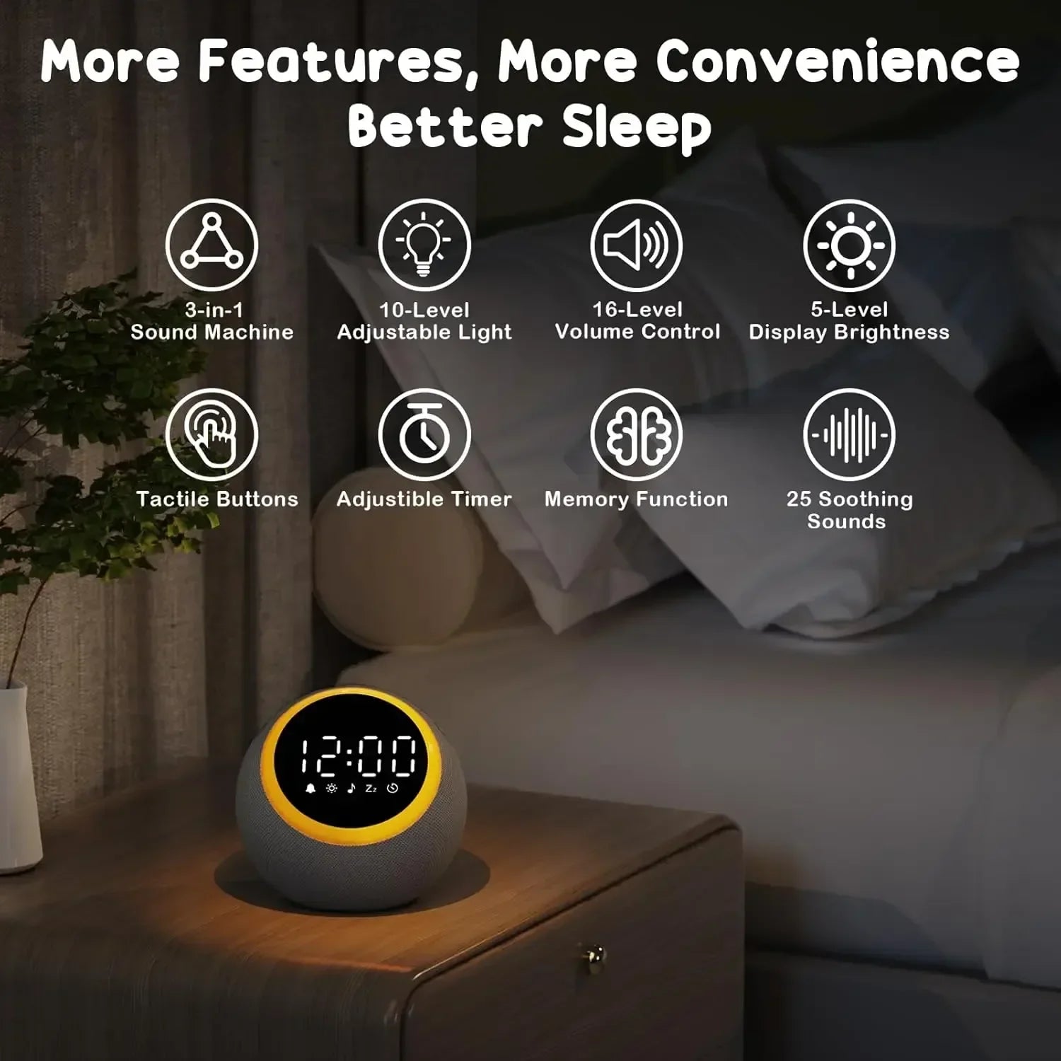 Modern 3-in-1 white noise machine on wooden nightstand with digital clock and orange light ring