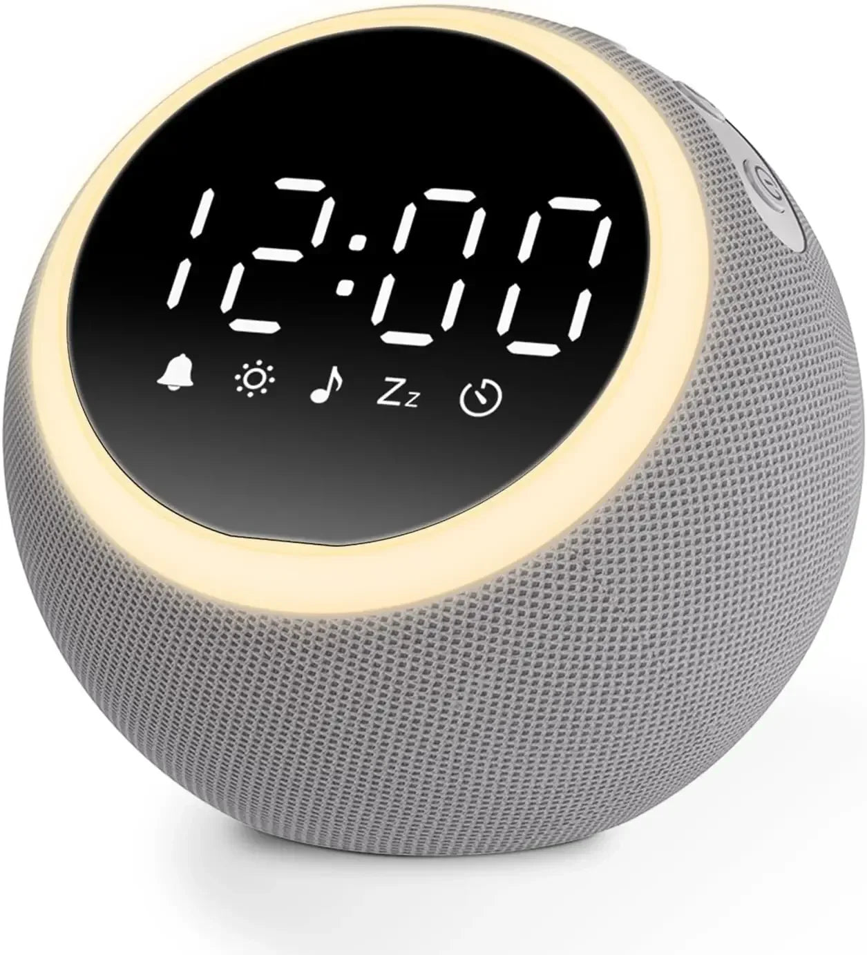 Gray spherical white noise machine with digital clock display and soft yellow light ring