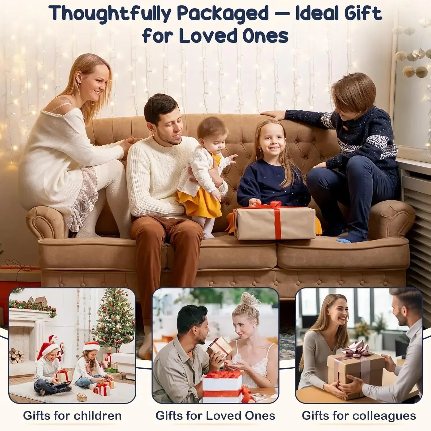 Happy family on couch celebrating with wrapped gift, ideal Christmas gift for loved ones
