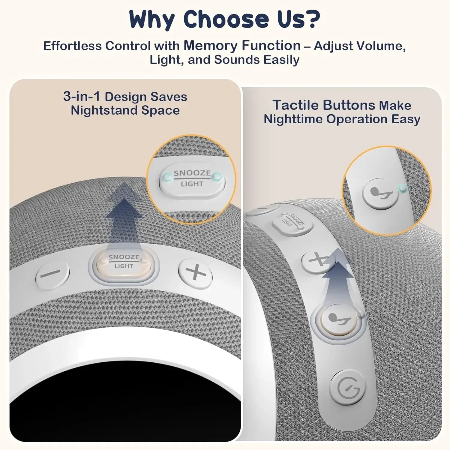 Close-up of white noise machine showcasing 3-in-1 space-saving design and tactile nighttime control buttons