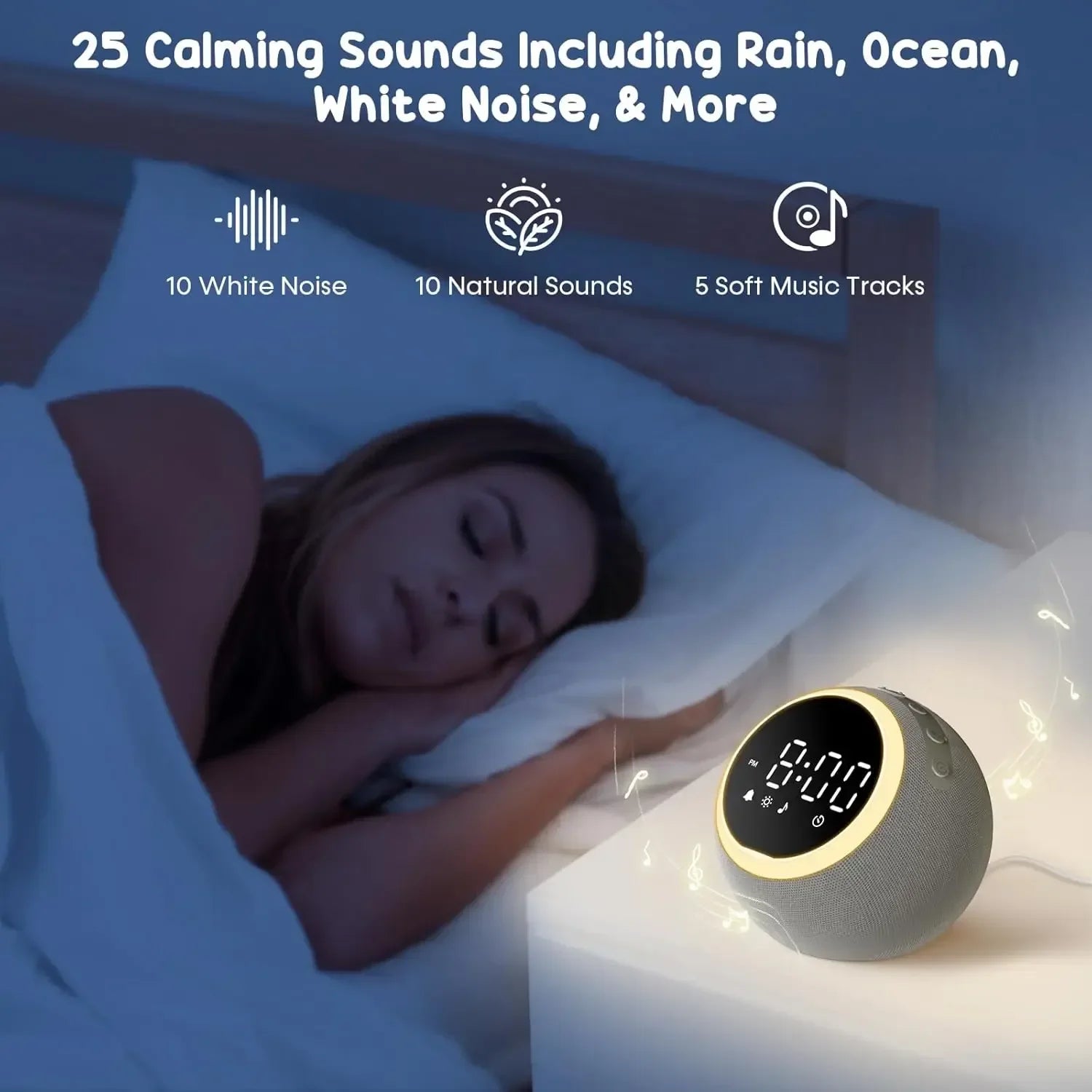 Woman sleeping in bed near white noise machine with glowing display and soothing sound icons