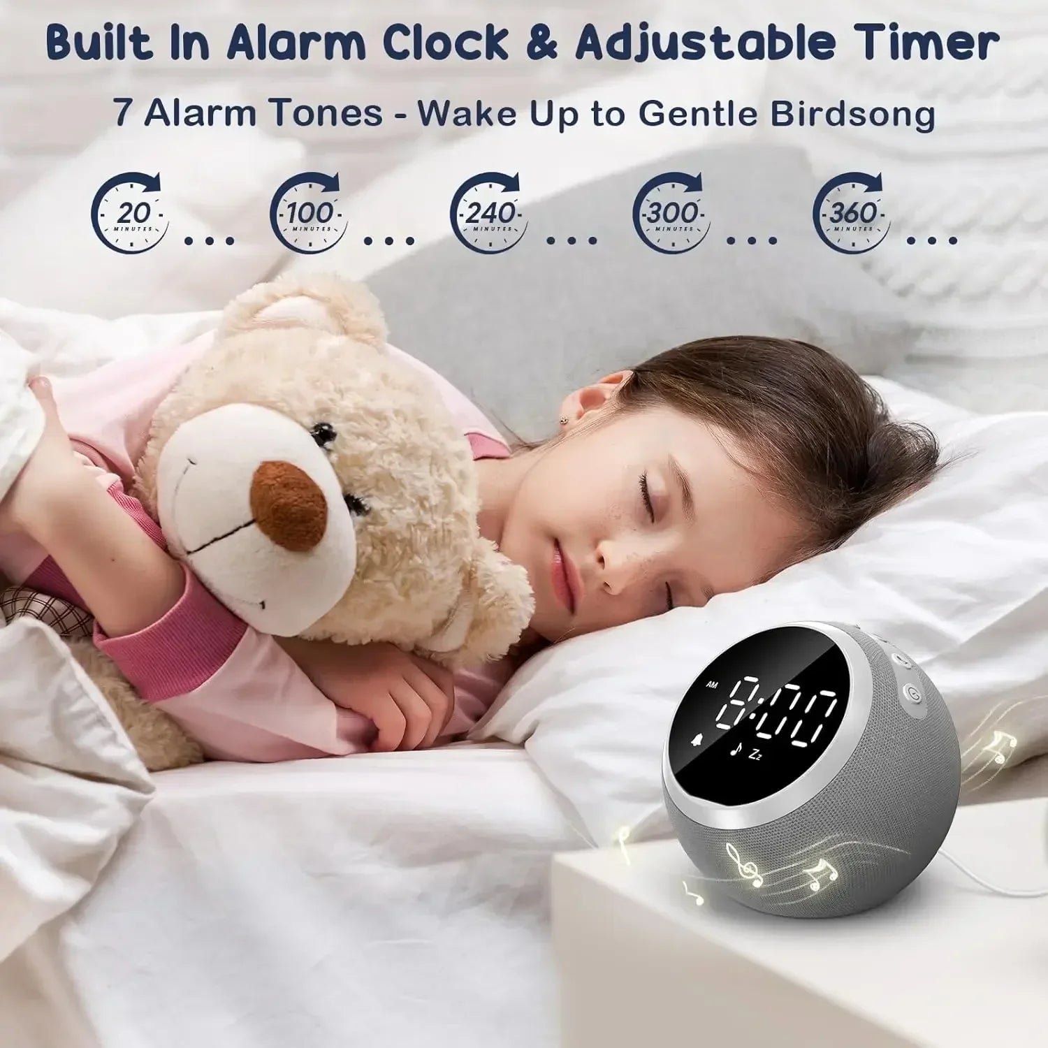 Sleeping girl hugging teddy bear in bed next to a digital white noise alarm clock with adjustable timer