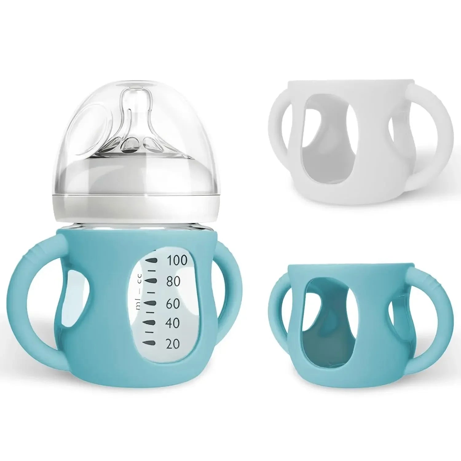 BPA-free silicone baby bottle with blue dual handles and clear nipple cover against white background